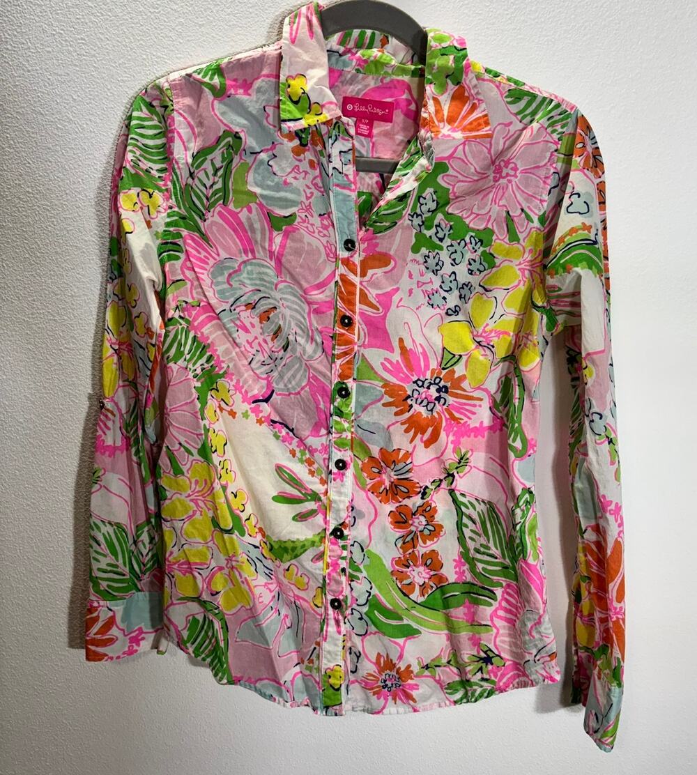 Lilly Pulitzer Floral Button Front Shirt Women Small Pink Green Cotton